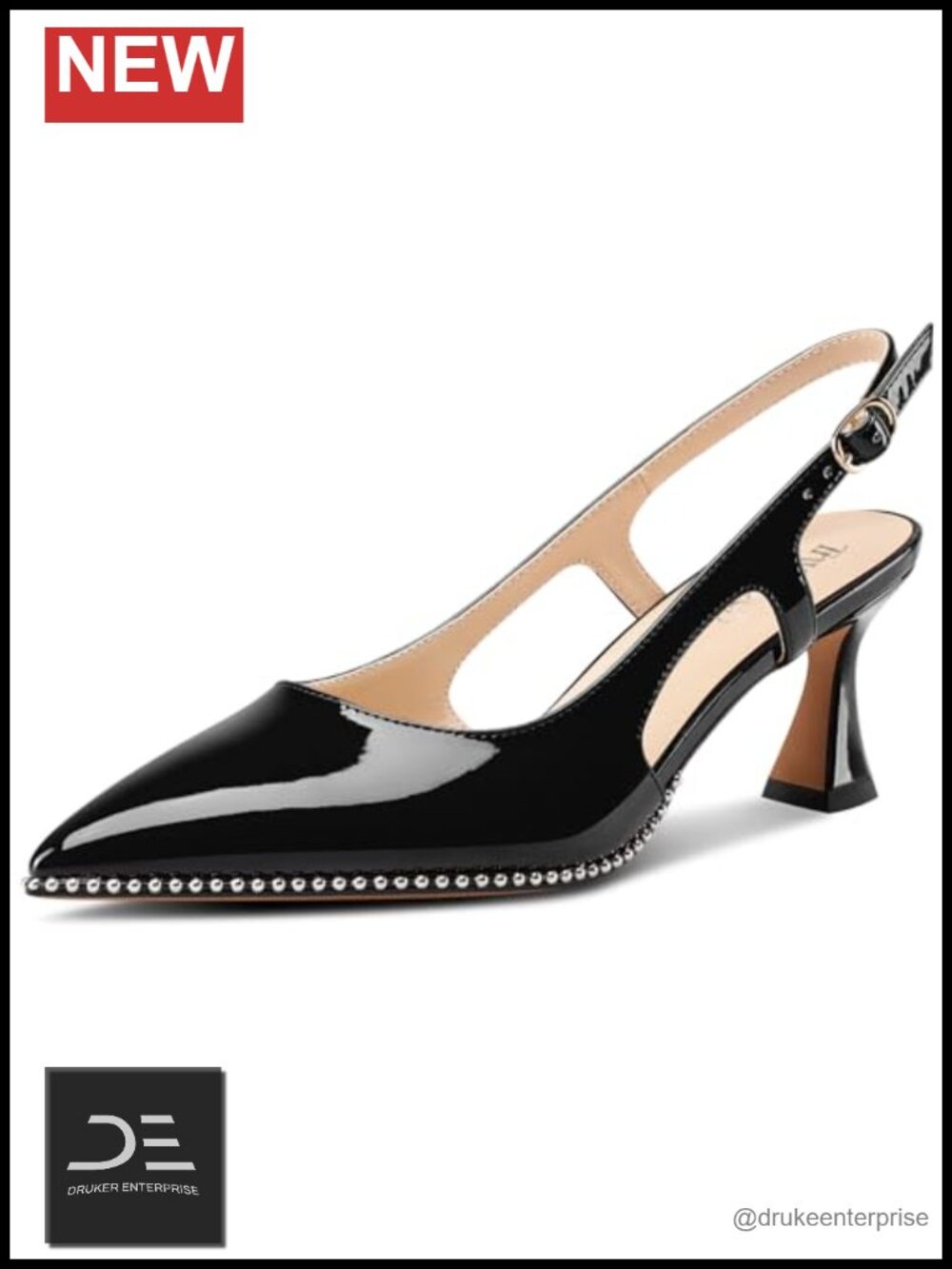 Womens Kitten Heel Pointed Toe Pumps Slingback Beaded Patent Leather Prom Party